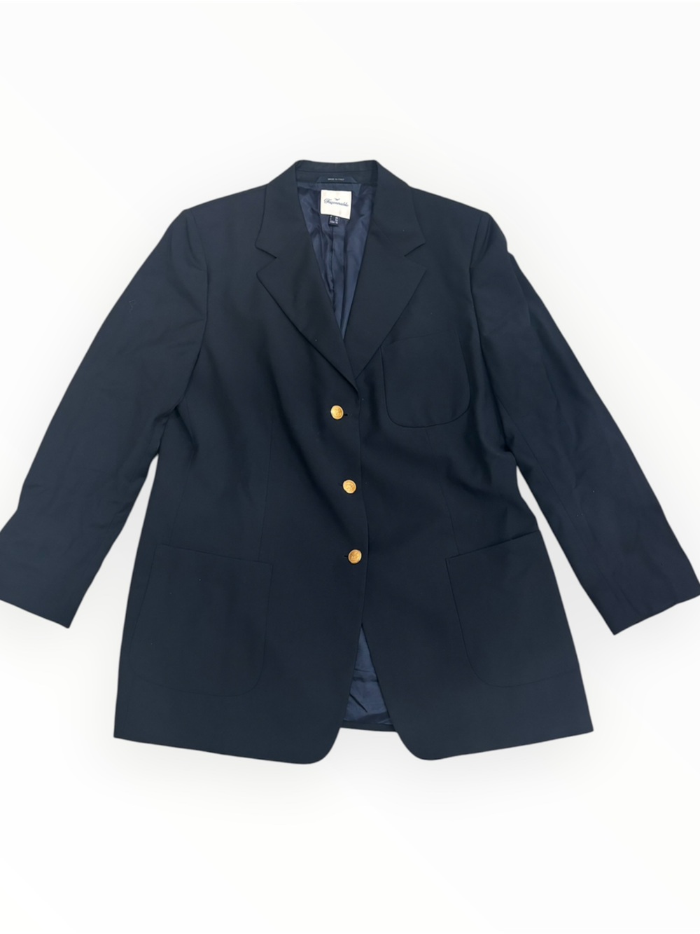 Faconnable Italy Solid Black Wool Gold Button Blazer Jacket Size16